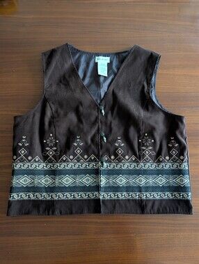 White Stag Brown Embroidered V-Neck Western Women's Vest Size Large Pre Owned